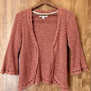 Decree Sweater Women's L Coral Knit Crochet Lightweight Cardigan Cottage core